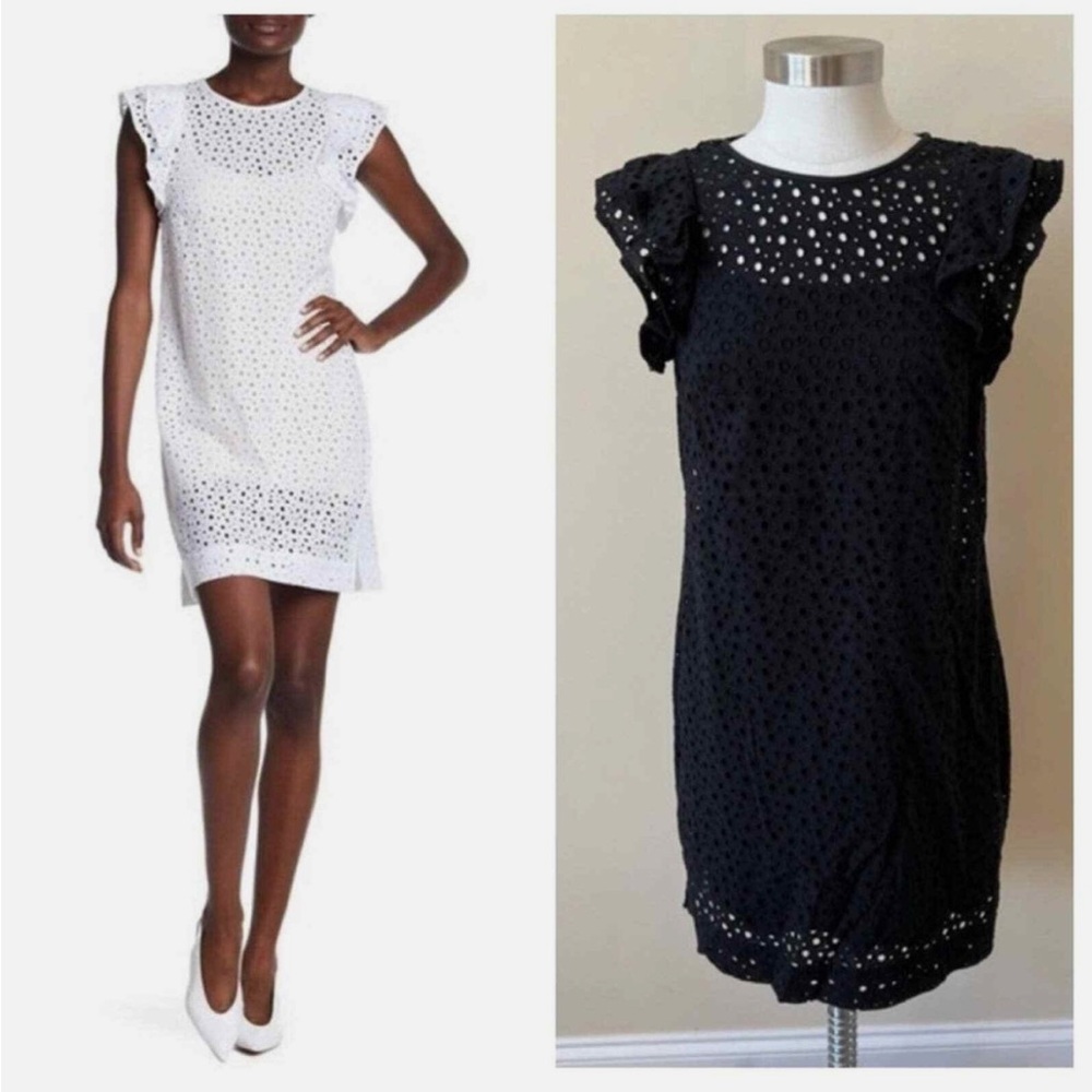 Club Monaco Black Eyelet Flutter Sleeve Dress